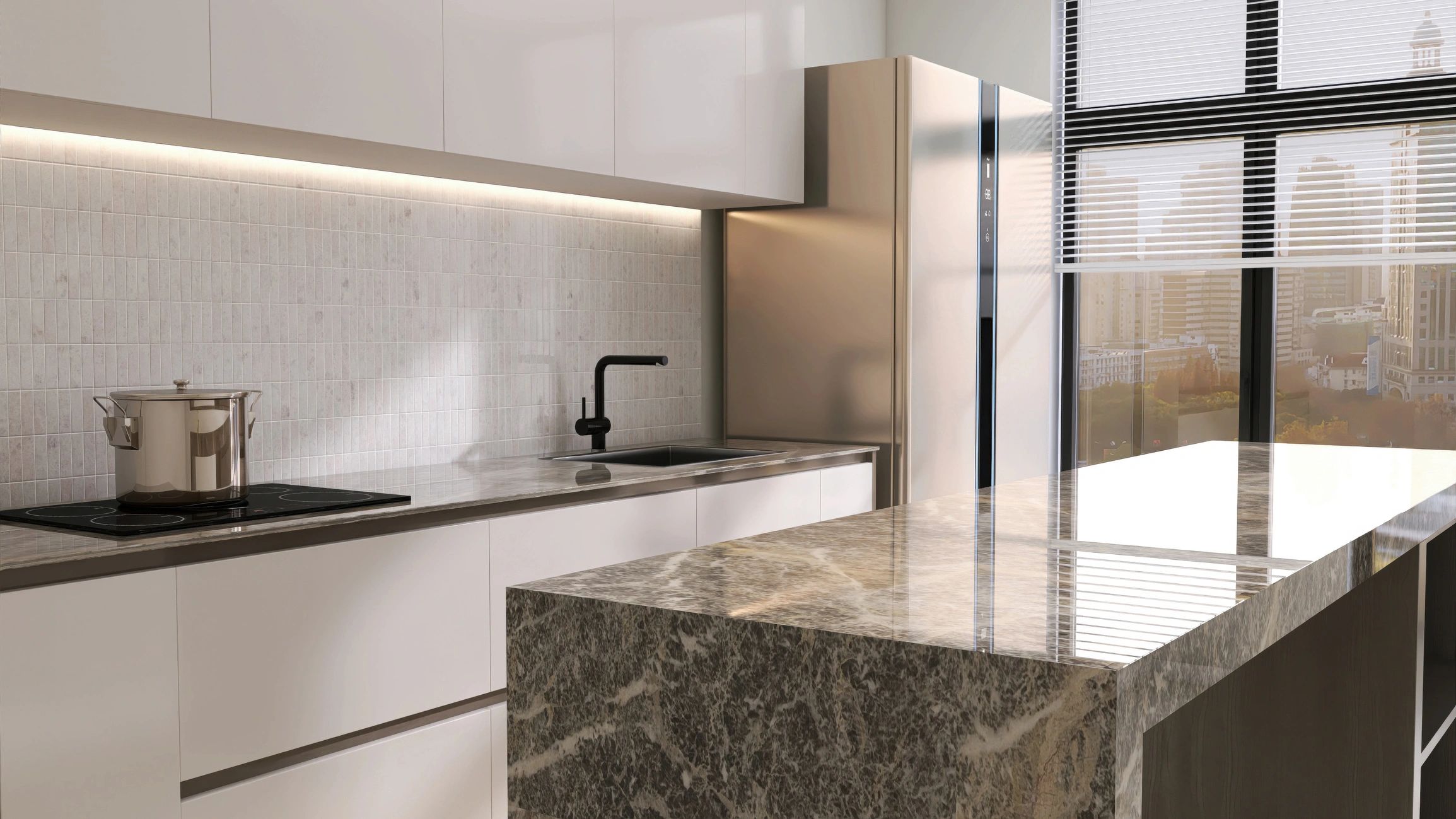 Refined kitchen cabinetry with painted finishes and marble island